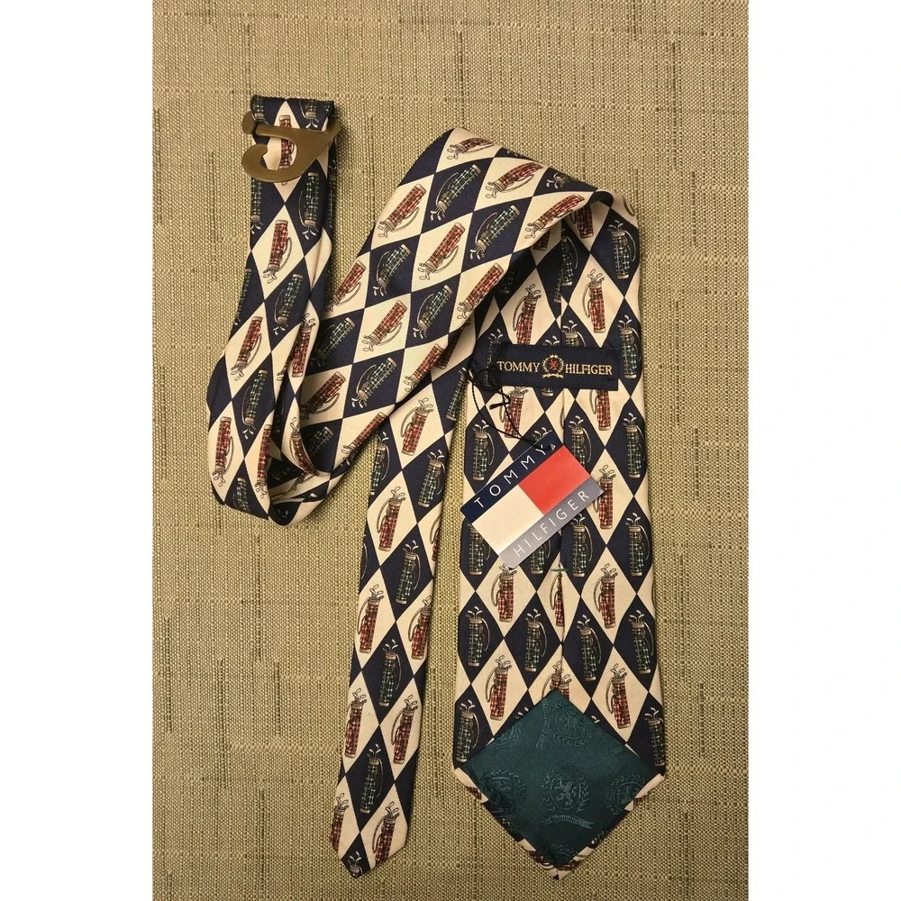 Vintage New Tommy‎ Hilfiger 100% Italian Silk Mens Necktie Golf Club Bag Tie